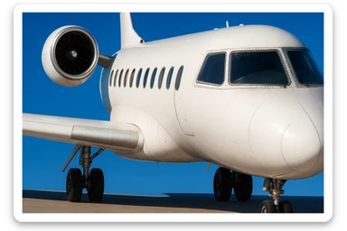Recreate a realistic, detailed image of a white private jet airplane on the ground, with a clear blue sky background, matching the style and composition of the reference image. The style should be realistic and detailed as in the reference. sticker