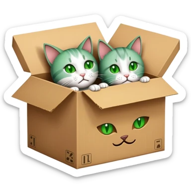 cute, cartoon emoji style for me with a transparent background of a cardboard box with two cats in it: one alive, and one asleep to symbolise schrodinger's cat sticker