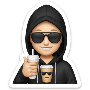 emoji di Gesù con felpa nera, sulla felpa in bianco scrivi "SKUIRTER" con occhiali da sole un pollice in su e in una mano un bicchiere di carta
 sticker