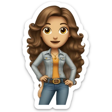 a 70's rockstar woman with bell-bottoms, long brown hair, hazel eyes, a t-shirt tucked into the bell bottom jeans and a belt  sticker