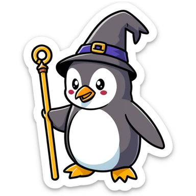 penguin wizard, magical, holding a staff, wearing a wizard hat sticker