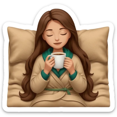 long brown hair woman closed eyes covered with cozy wool beige blanket, holding cup of coffee, autumn mood sticker