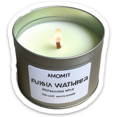 realistic, lit matcha scented candle, silver tin, small plain white label with black text sticker
