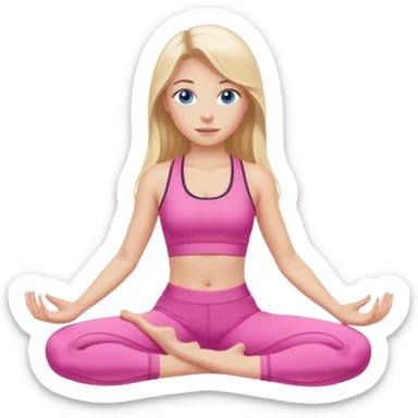  long blown out blonde hair woman blue eyes wearing pink workout set doing pilates sticker