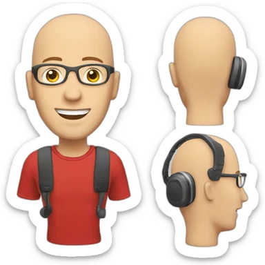 customer service bald man with headset with red t-shirt sticker