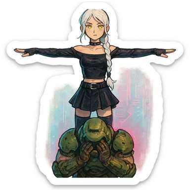  young woman with gold yellow eyes, white hair, long braid, black off-shoulder top, punk gothic style, futuristic cyberwave cyberpunk,, she is calmly t-posing above a cowering doomguy sticker