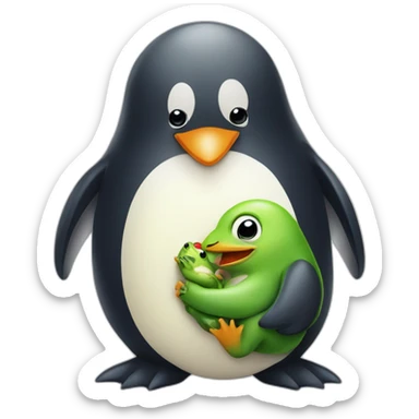 Big penguin hugging a little happy frog sticker