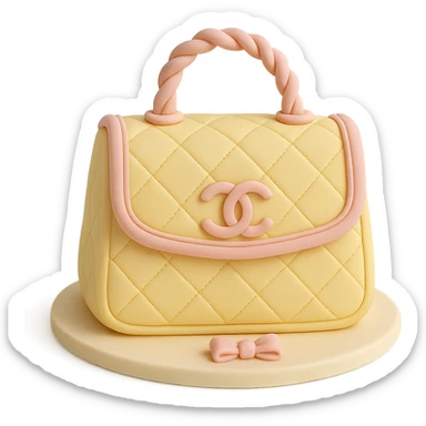 pastel yellow Chanel handbag cake with soft pink accents, luxury birthday style, fondant cake art style sticker