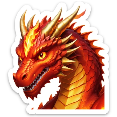 cinematic-noble-fierce-fire-dragon-portrait-emoji,-poised-and-imposing,-with-a-muscular,-scaled-body-ablaze-in-fiery-hues-of-crimson,-molten-orange,-and-molten-gold,-and-intense,-burning-eyes-that-mirror-the-heart-of-a-volcano;-rendered in detail sticker