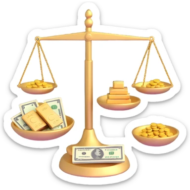 gold scale with money on one side and beauty products on the other sticker