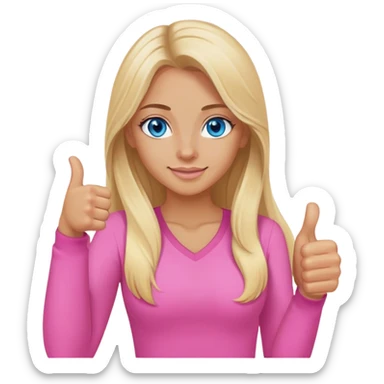 Pretty Blonde with long hair model, blue eyes In pink clothes, thumbs up sticker