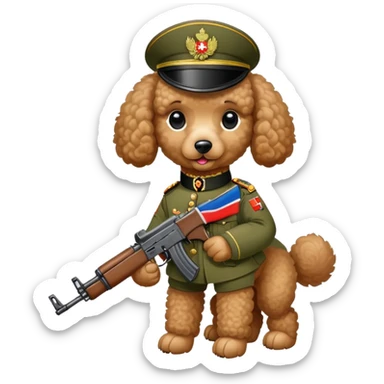 Пудель в Африке. Российская военная форма с нашивкой в виде российского флага, с лапах - автомат АК. sticker