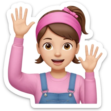 preschool teacher with brown hair pulled up in high ponytail and light pink headband. Has a pink t-shirt with denim overalls. Expression is happy and friendly with mouth wide open. Has one hand up waving hello. sticker