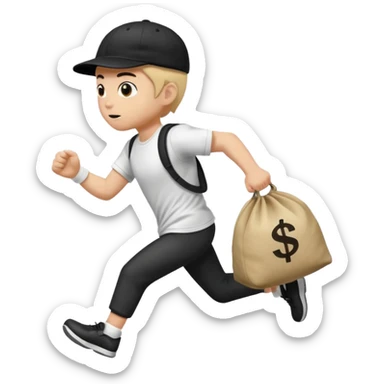 Thief with black cap white t-shirt with black tripes all ower the shirt emoji runing with money bag sticker