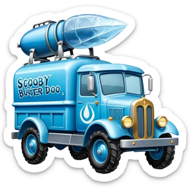 The Flintstones shiny ice-blue frozen Scooby Doo 1915 Lightning Bug busters liquidator’s antique long wheelbase off-road moving truck  sticker