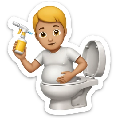 A pregnant man spraying mustard on toilet sticker