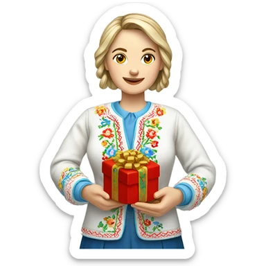A female teacher in Ukrainian embroidery holds a gift in her hand sticker