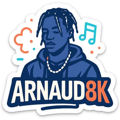 Logo 'Arnaud8K' inspired by urban and musical aesthetics of Travis Scott, young dynamic style, dark colors with neon accents, no video reference sticker