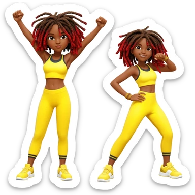 African American girl with shoulder length dreadlocks brown with red tips,  In yellow working out clothes in various work out poses sticker