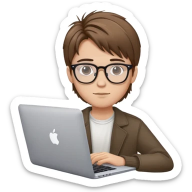 brown balayage straight hair student boy with MacBook with glasses sticker