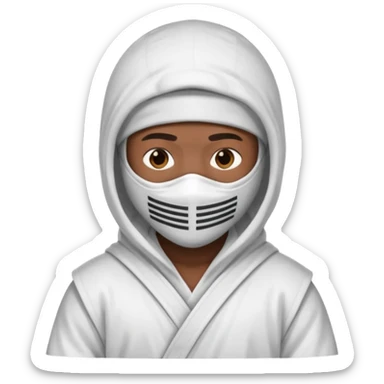 All white ninja robe with no black with white ski mask to cover face and neck with a hoodie on and dark brown skin color sticker