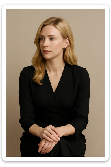 a blonde-haired lady in a waiting pose, elegant, neutral background sticker