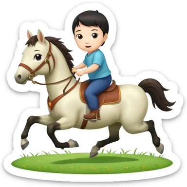 l little chinese baby riding on a  cute horse running really fast on the grass with 2026 year's label sticker