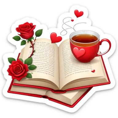 Icon for Romance Reading: an open book with a heart-shaped bookmark, surrounded by roses, a love letter, and a cup of tea, with small hearts and Cupid with bow and arrows flying out of the pages. Transparent background. sticker