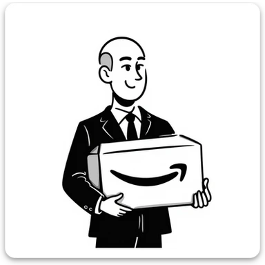 Jeff Bezos as a hand-drawn doodle, bald, business suit, holding an Amazon box sticker
