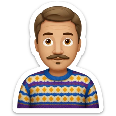 middle-aged man with medium-length wavy hair, mustache and goatee, wearing a patterned sweater, neutral expression sticker