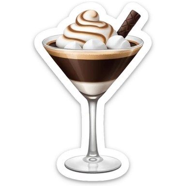 martini glass filled with espresso topped with a marshmallow sticker