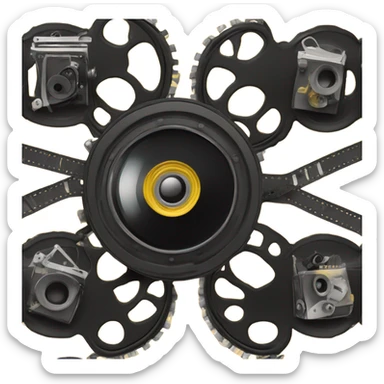 A black and yellow film reel, and movie camera sticker