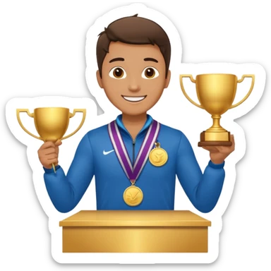 winner ceremony with one guy standing in a winner's podium and having a medal around his neck and holding a trophy sticker