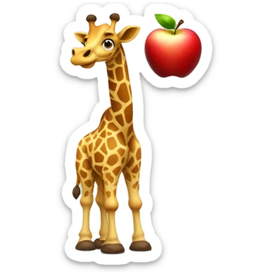 A cartoon looking Giraffe holding a giant apple with is hooves  sticker