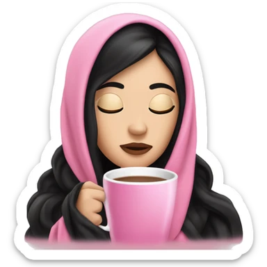 white girl with black straight hair inside a pink blanket sipping coffee eyes closed sticker