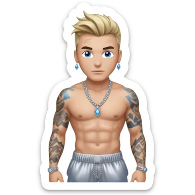 Vanilla Ice with blue eyes, dark blonde hair, shirtless with necklace, metallic silver harem pants  sticker