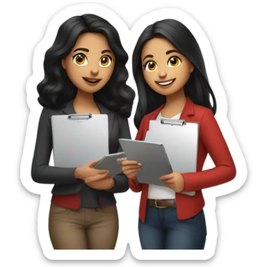 Latina with jet black hair, brunette girl, and bright red hair girl conducting surveys on clipboards and ipads sticker