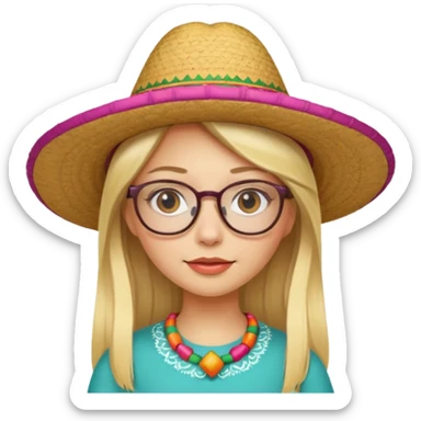 blonde girl with straight hair and glasses with a Mexican hat  sticker