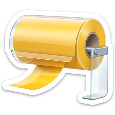 small roll of clear adhesive tape with glossy finish on simple white plastic dispenser with curved cutting edge, roll partially used with strip slightly lifted and curved, no box or extras, apple emoji style, soft lighting, subtle shadows, transparent background, emoji scale sticker
