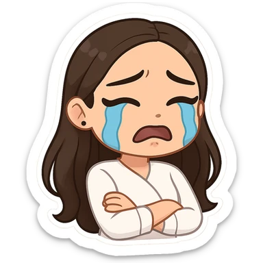 Create a chibi sticker of the girl from the reference image crying with tears. Use 3D bitmoji style with a white outline and transparent background. sticker