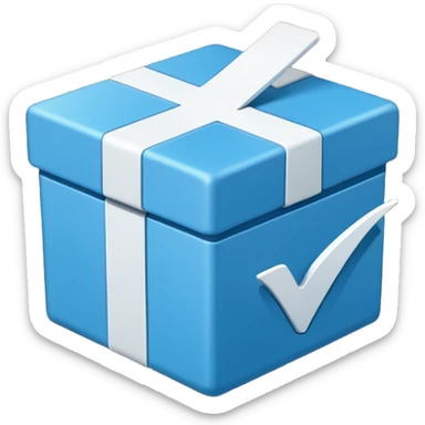 Blue box with a white check mark in the middle of the blue box that is a little bit tilted to the right and its 1 dimensional  sticker