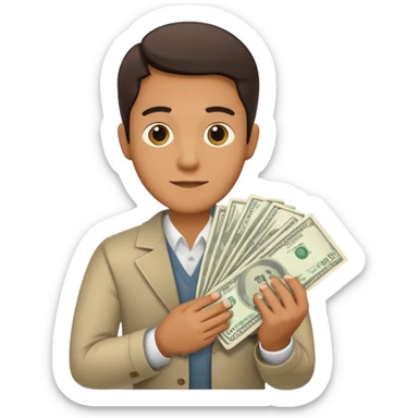 man holding lots of money sticker