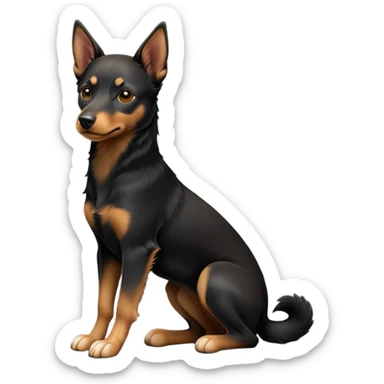 cinematic-[australian kelpie]-realistic-full-body-sitting-emoji,-tail-resting-loosely-beside-its-paws,-head-tilted-dramatically, -sleek-[Black and tan]-fur,-simplified-yet-realistic-focused-features,-highly-detailed,-glowing-with-an-almost-sarcastic-glow sticker