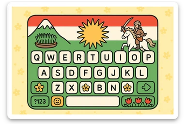 cartoon style mobile keyboard inspired by Kurdish culture, using colors of Kurdistan flag (green, white, red, yellow), featuring Nowruz flowers, sun in the middle of the flag, joyful and fantasy Kurdish elements, patterned and cheerful background, keys with soft cartoonish borders sticker
