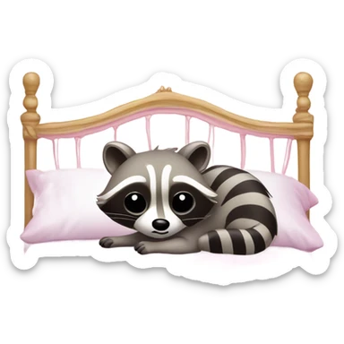 princess style bed with sleeping cute racoon wearing pink bow on head in it sticker