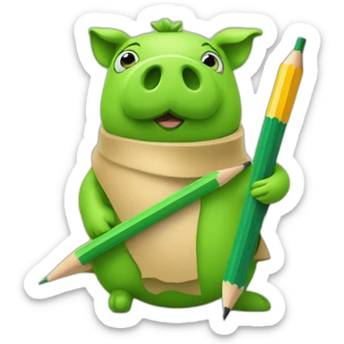 green piggy holding a pencil sticker