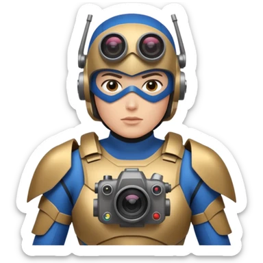 Un photographe high tech du futur, avec du matériel, une armure de terrain à la super héro. Il a des appareils photos, des caméras embarquées et un drone  sticker