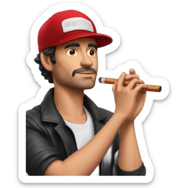 Actor Eduardo Gómez con un cigarrillo en la mano y con una gorra roja con un texto que diga "ignorante de la vida" sticker