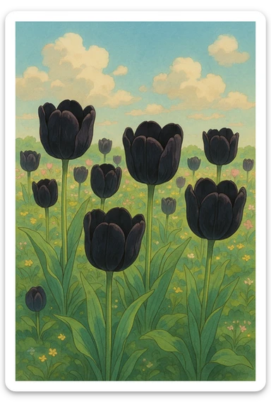 black tulips, ghibli style, soft colors, detailed, whimsical sticker