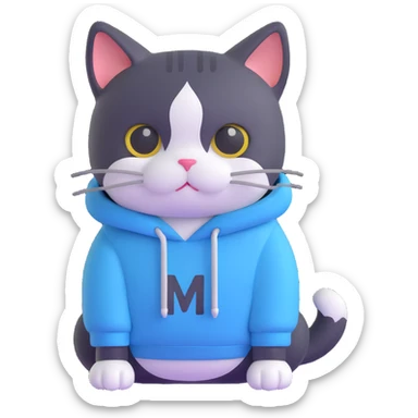 black and white cat wearing light blue sweatshirt sticker